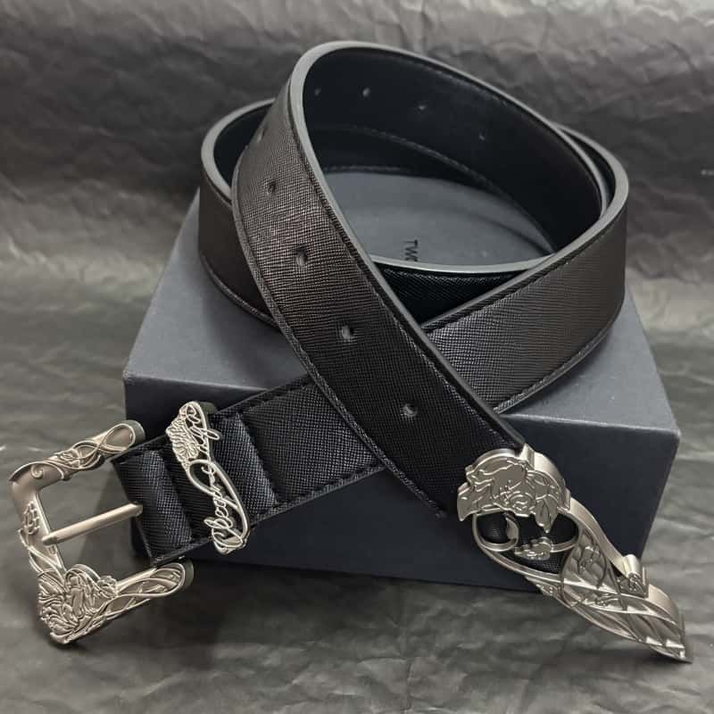 Western Floral Sword Engraved Leather Belt Vintage Carved Metal Tip