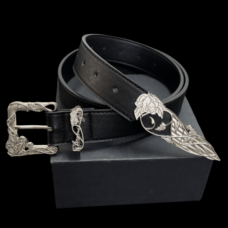 Western Floral Sword Engraved Leather Belt Vintage Carved Metal Tip