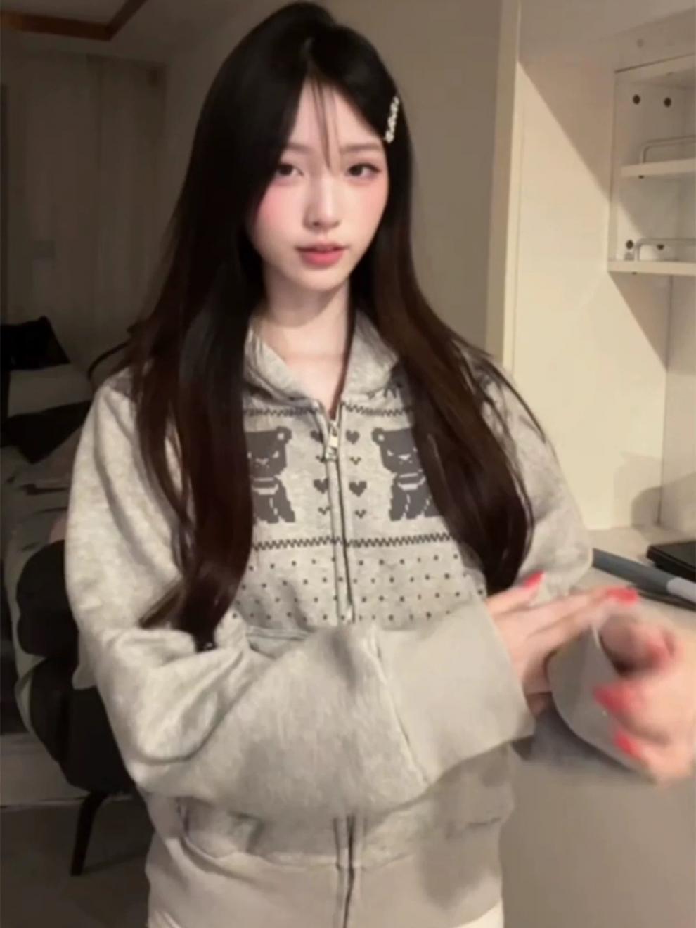 Korean Retro Nordic Bear Print Zip‑Up Hoodie Casual Loose Women Jacket