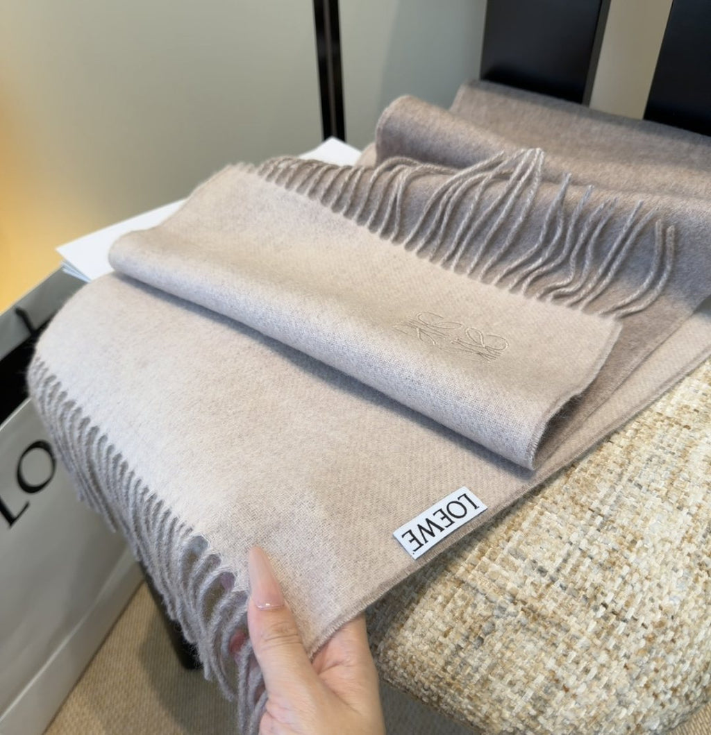 Loewe Taupe Gray and Light Beige Fringed Scarf