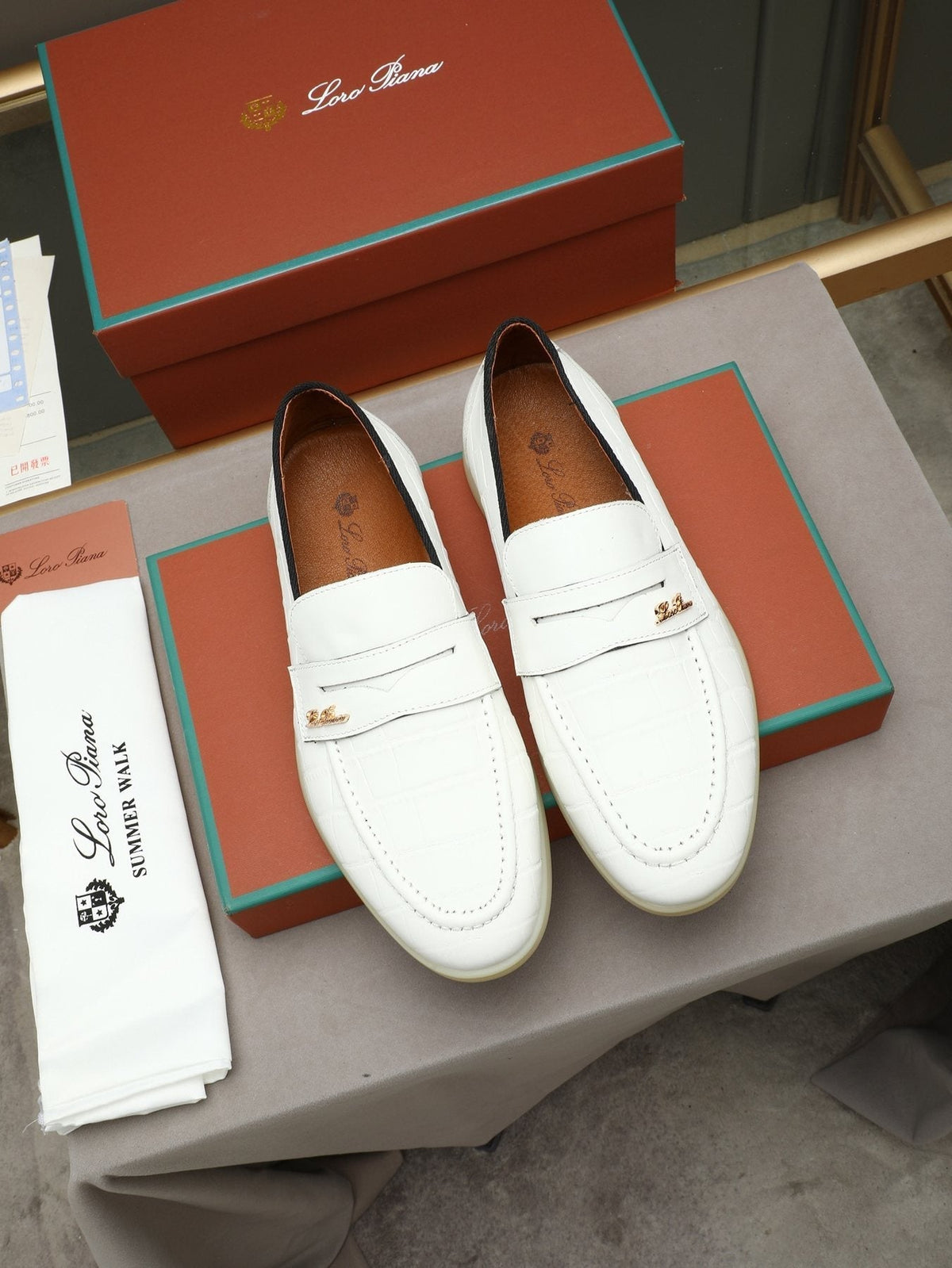 Loro Piana Men's White Textured Loafers