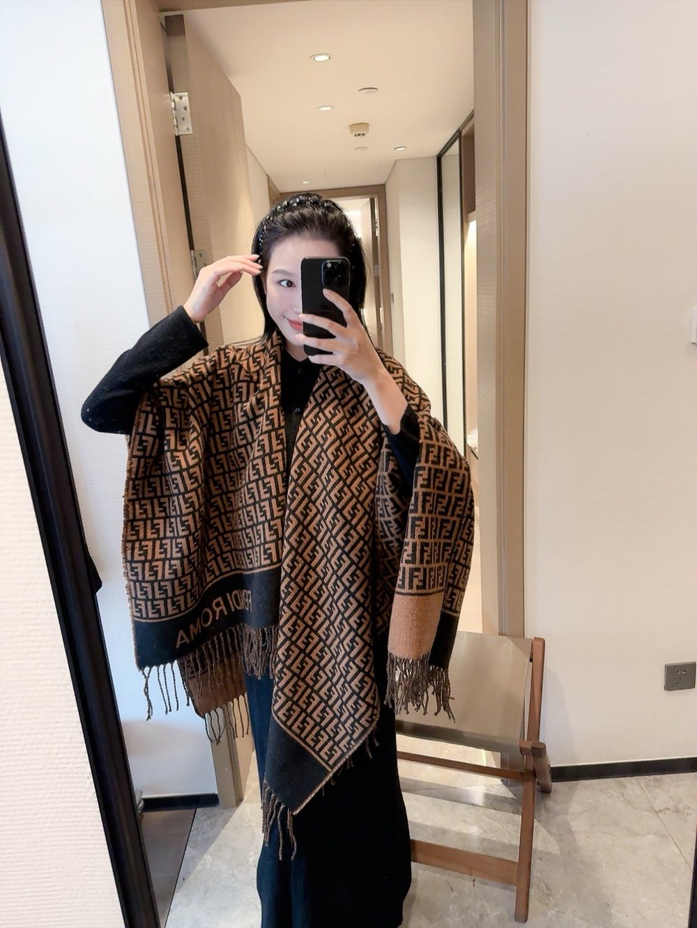 Fendi Brown and Black Fringed Cape